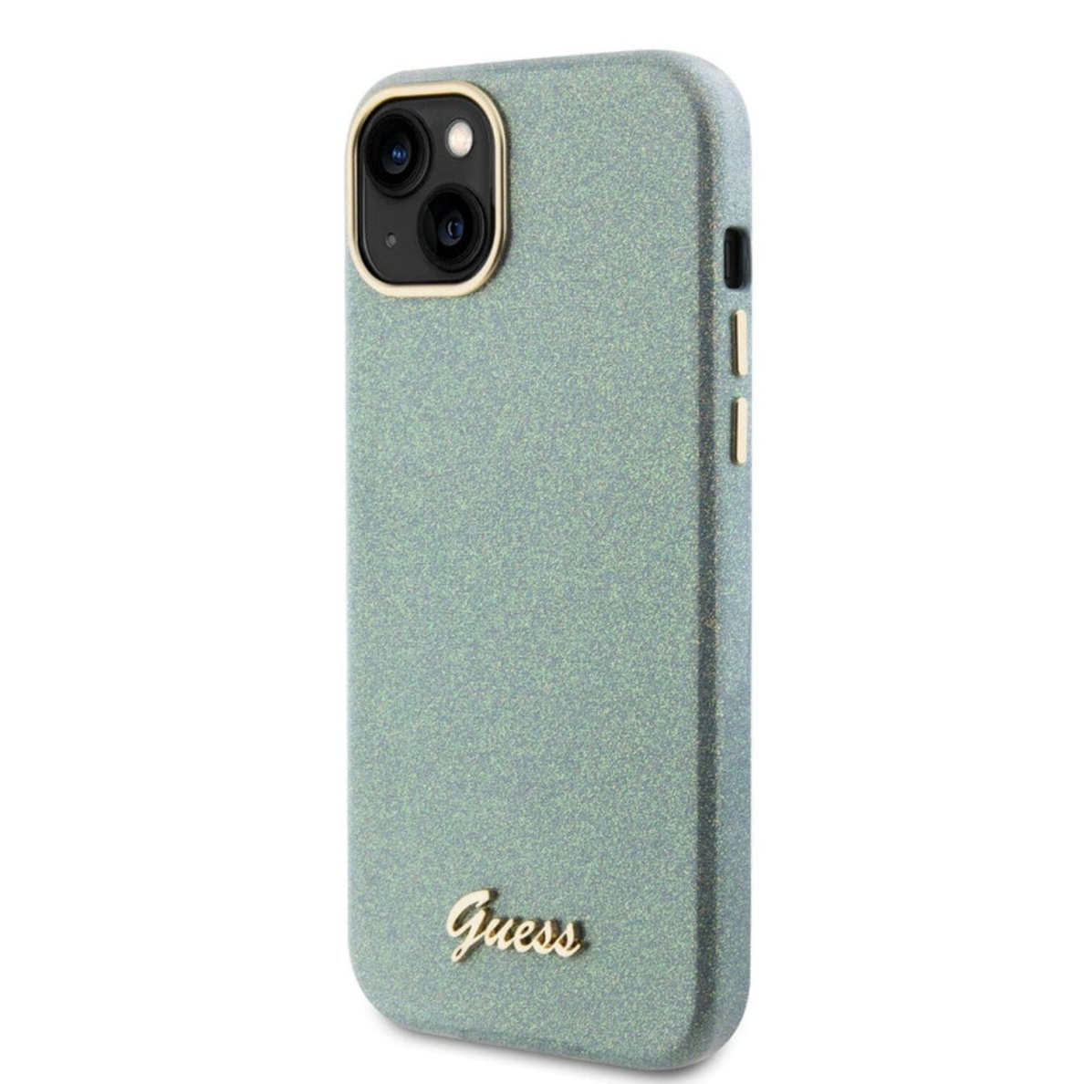 iPhone 15 PLUS khaki Glitter Glossy Script GUESS nugarėlė 1