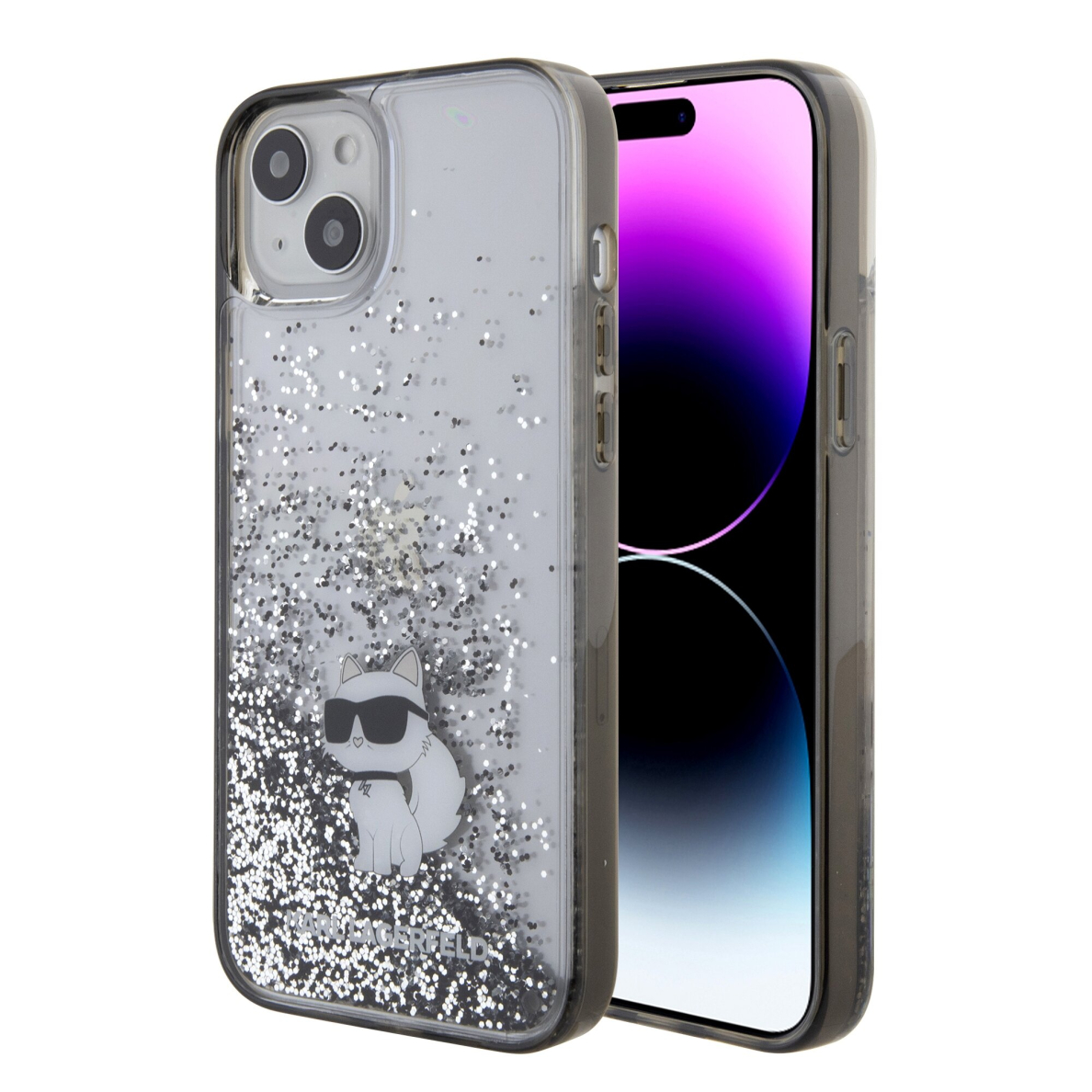 iPhone 15 PLUS silver Liquid Glitter Choupette KARL LAGERFELD nugarėlė