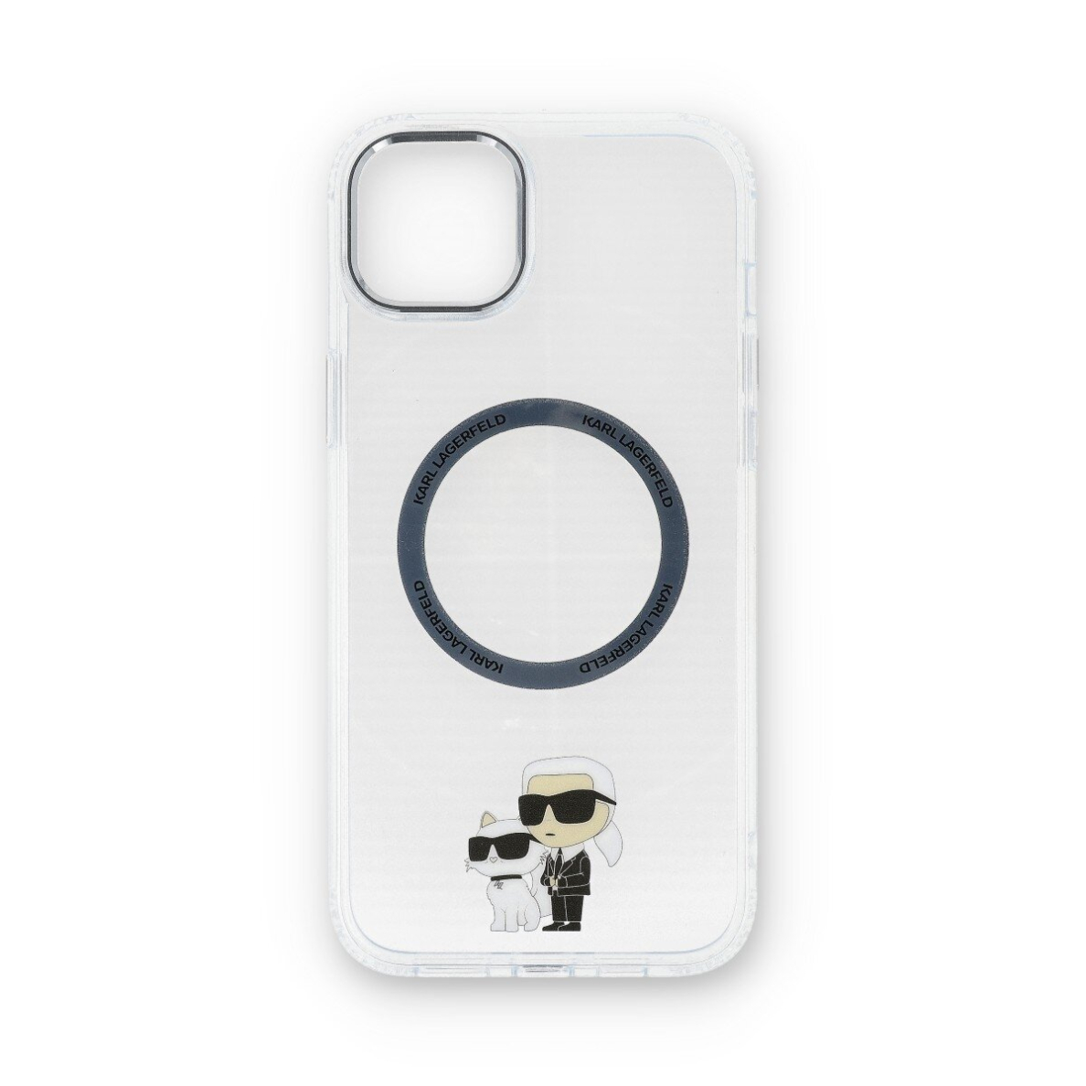 iPhone 15 PLUS transparent NFT Karl and Choupette IML MagSafe KARL LAGERFELD nugarėlė