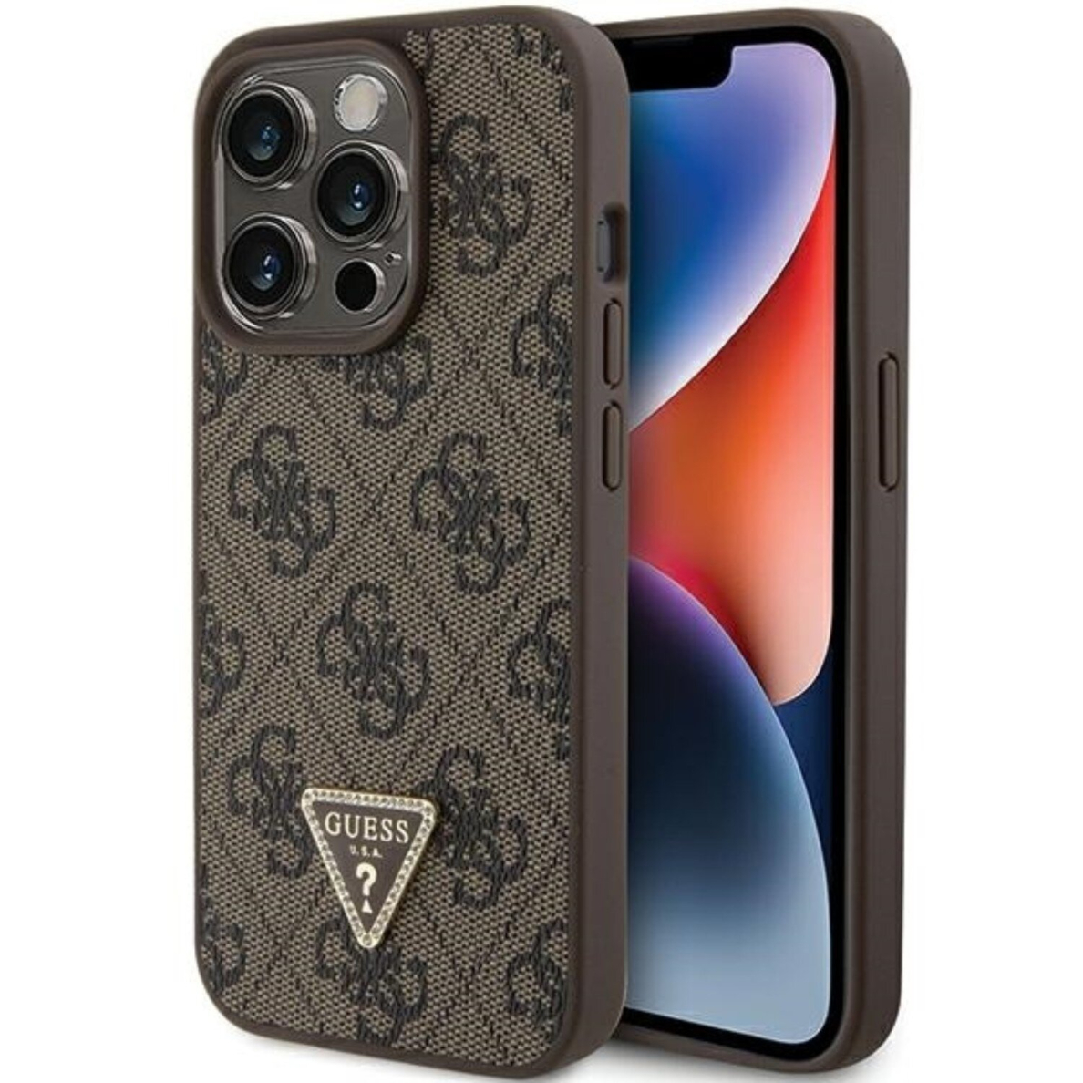 iPhone 15 PRO brown PU Leather Triangle Strass GUESS nugarėlė