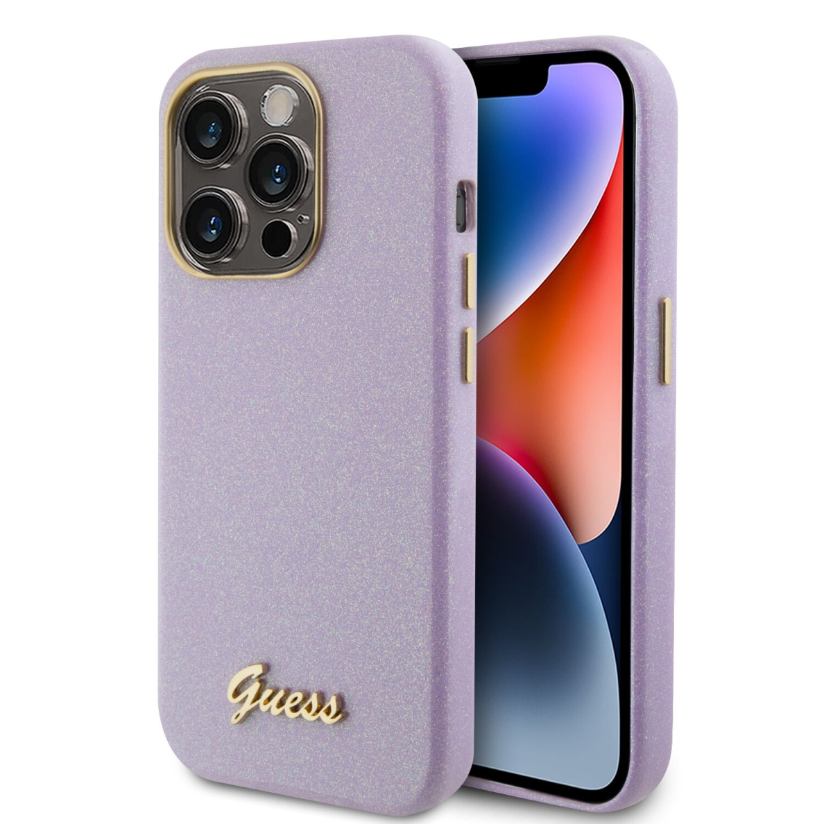 iPhone 15 PRO lilac Glitter Glossy Script GUESS nugarėlė 1