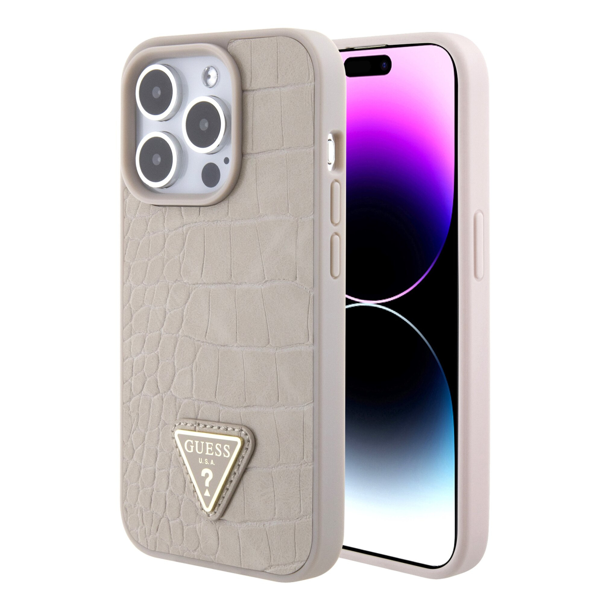 iPhone 15 PRO taupe PU Leather Croco Logo Bundle Charm GUESS nugarėlė