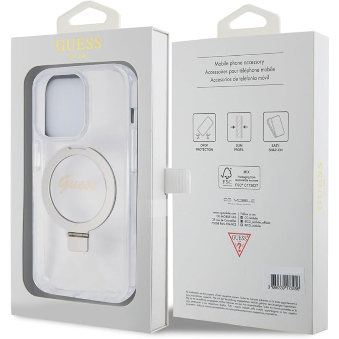 iPhone 15 PRO transparent Glitter Ring Stand Script Logo MagSafe GUESS nugarėlė 5