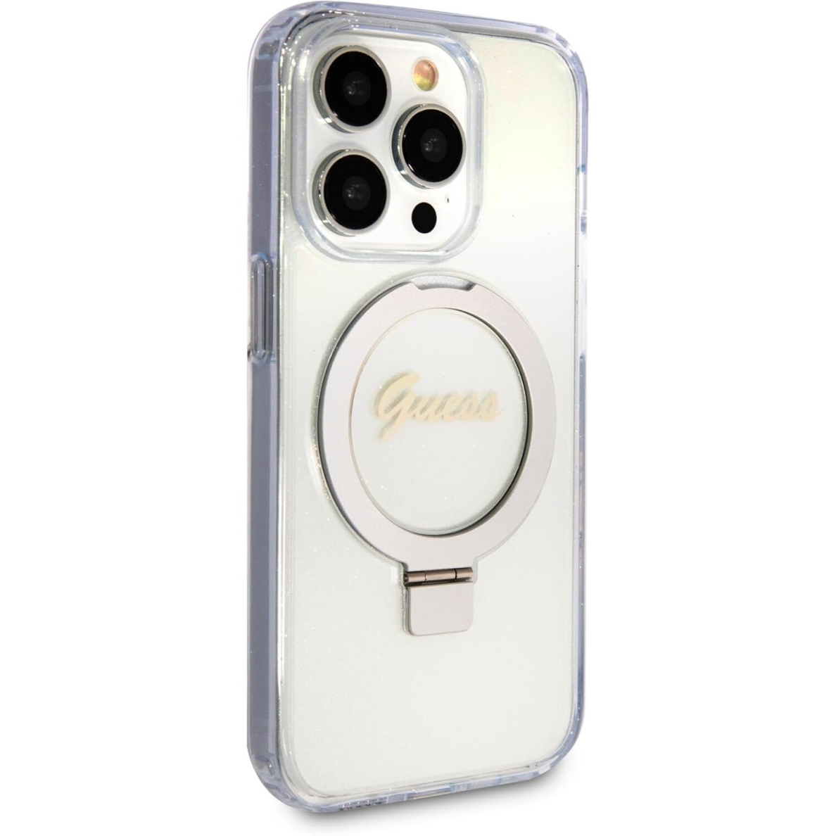 iPhone 15 PRO transparent Glitter Ring Stand Script Logo MagSafe GUESS nugarėlė 2