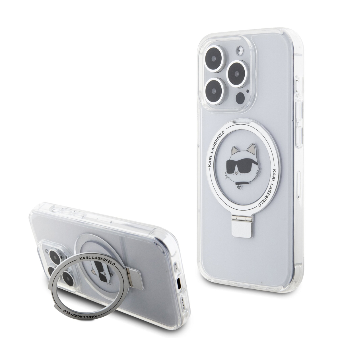 iPhone 15 PRO white Ring Stand MagSafe Choupette Head KARL LAGERFELD nugarėlė 1
