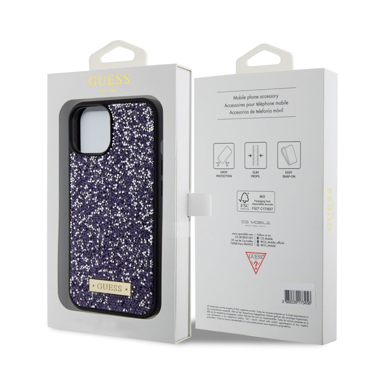 iPhone 15 / 14 / 13 purple Rhinestone Metal Logo GUESS nugarėlė 1