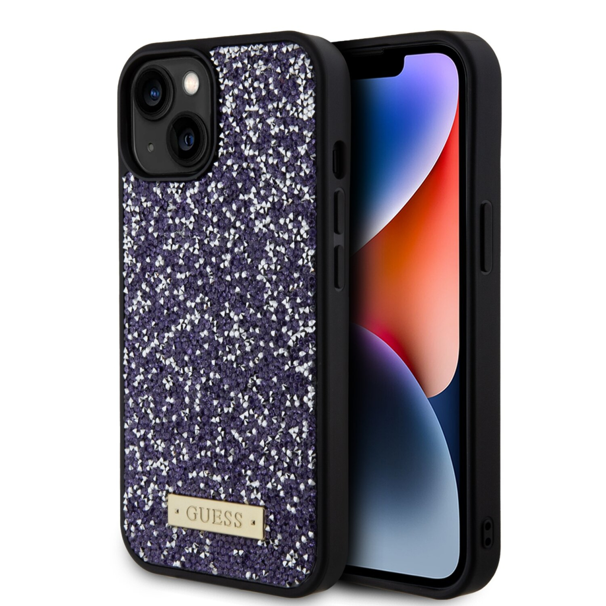 iPhone 15 / 14 / 13 purple Rhinestone Metal Logo GUESS nugarėlė