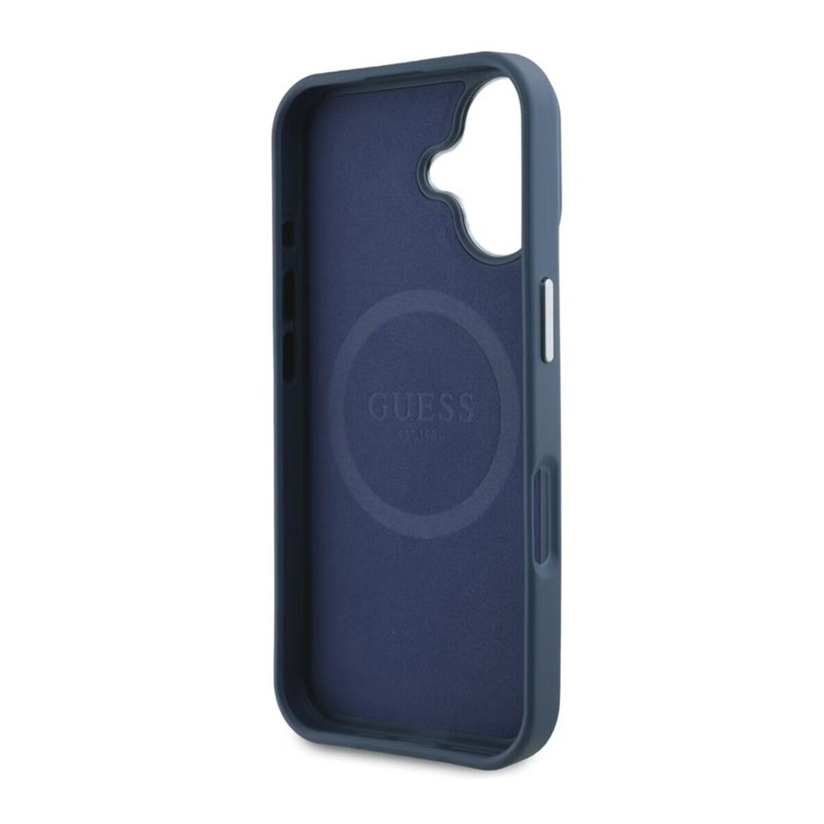iPhone 16 blue MagSafe PU Grained Triangle Logo GUESS nugarėlė 3
