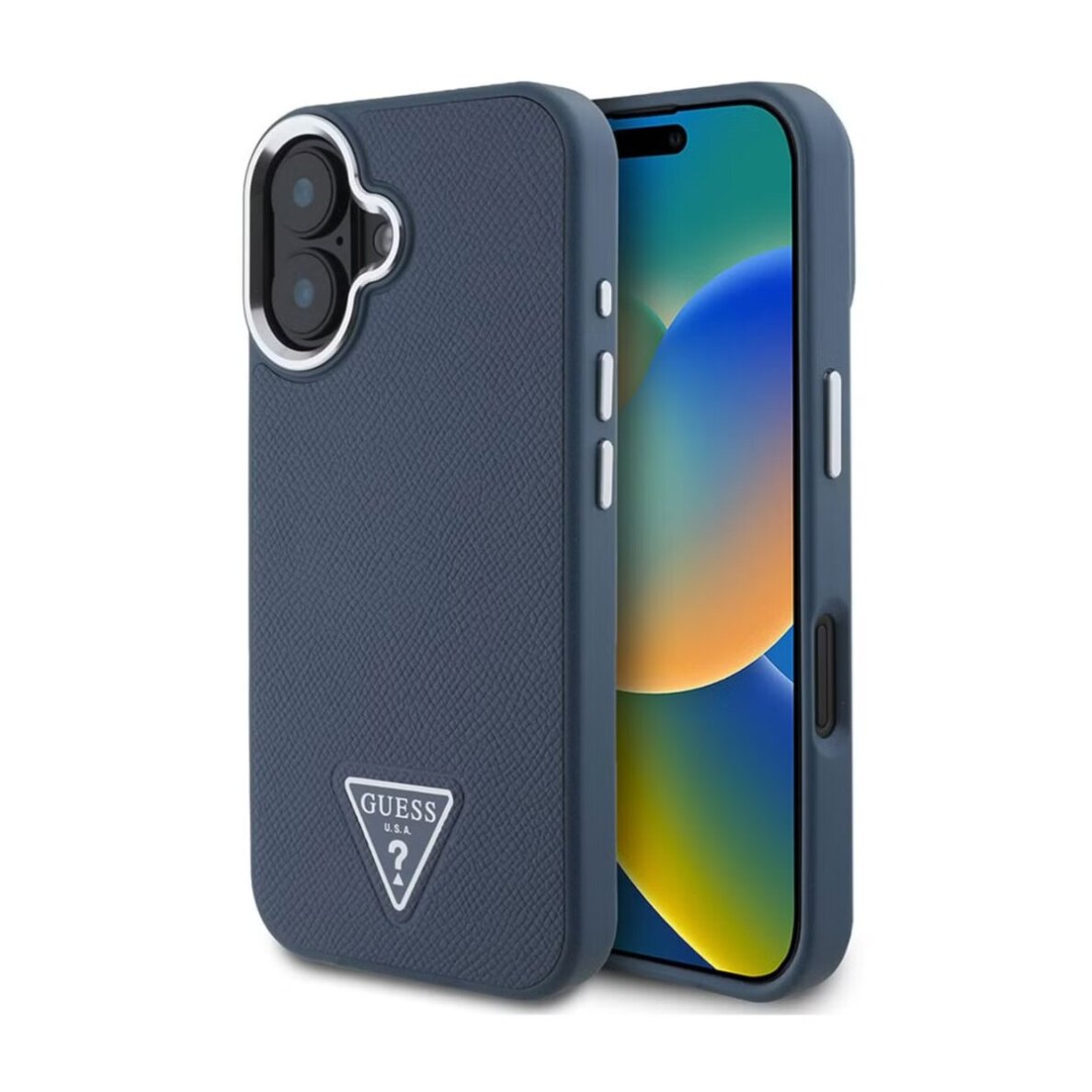 iPhone 16 blue MagSafe PU Grained Triangle Logo GUESS nugarėlė