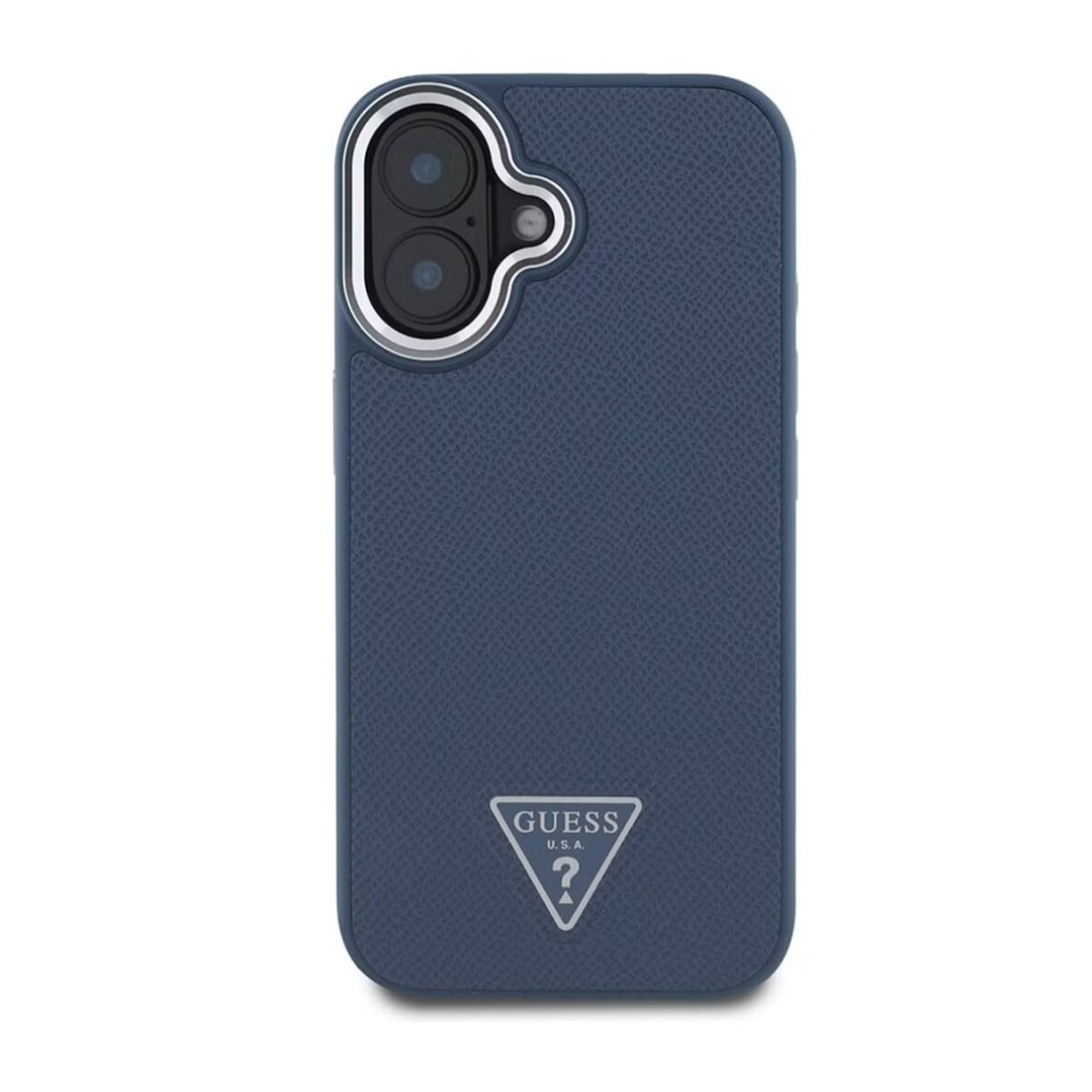 iPhone 16 blue MagSafe PU Grained Triangle Logo GUESS nugarėlė 1