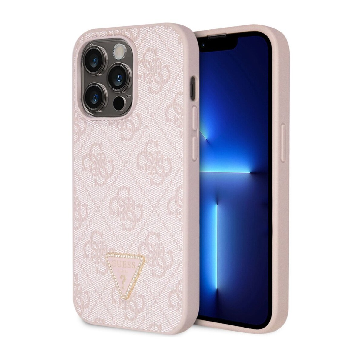iPhone 16 PRO MAX pink Strass Triangle Metal Logo GUESS nugarėlė