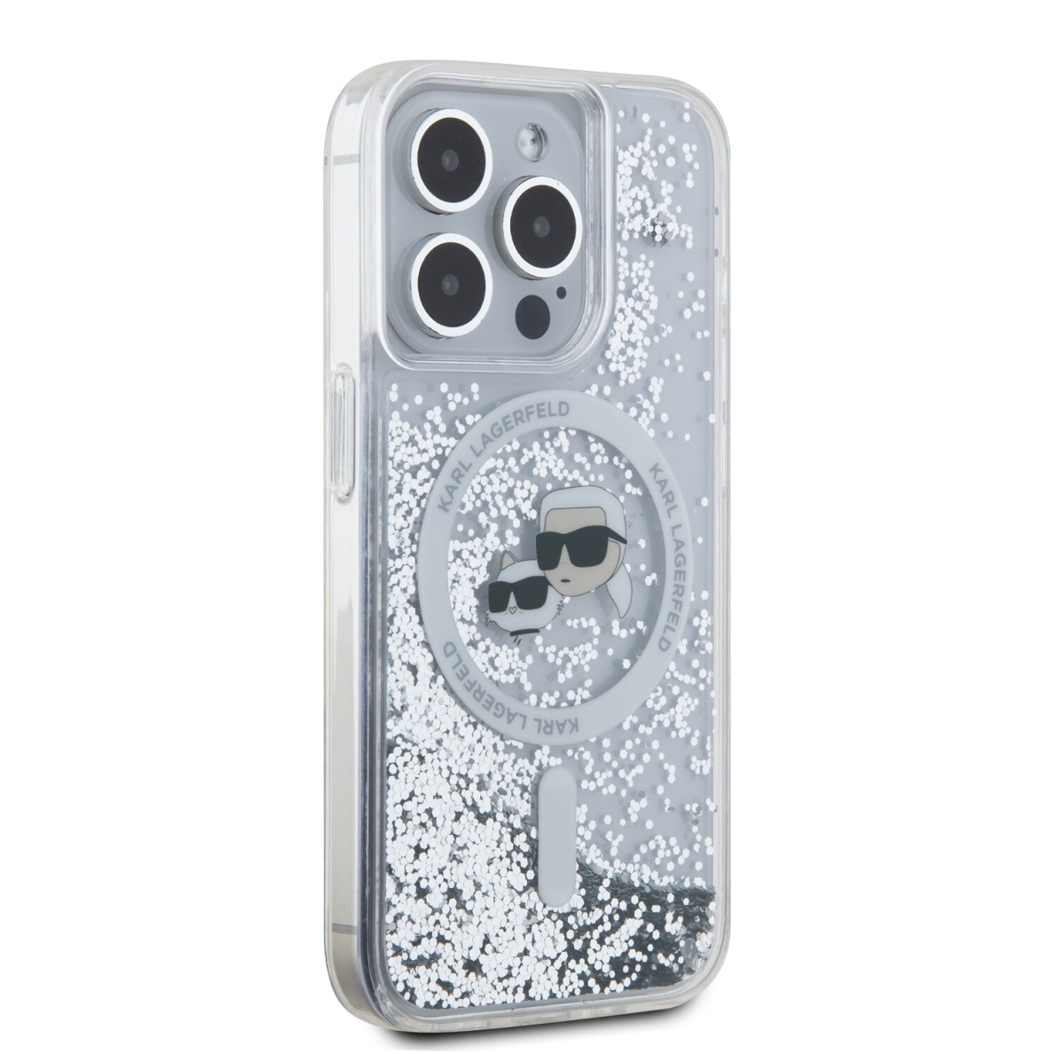 iPhone 16 PRO MAX transparent Magsafe Liquid Glitter KC Heads KARL LAGERFELD nugarėlė 3