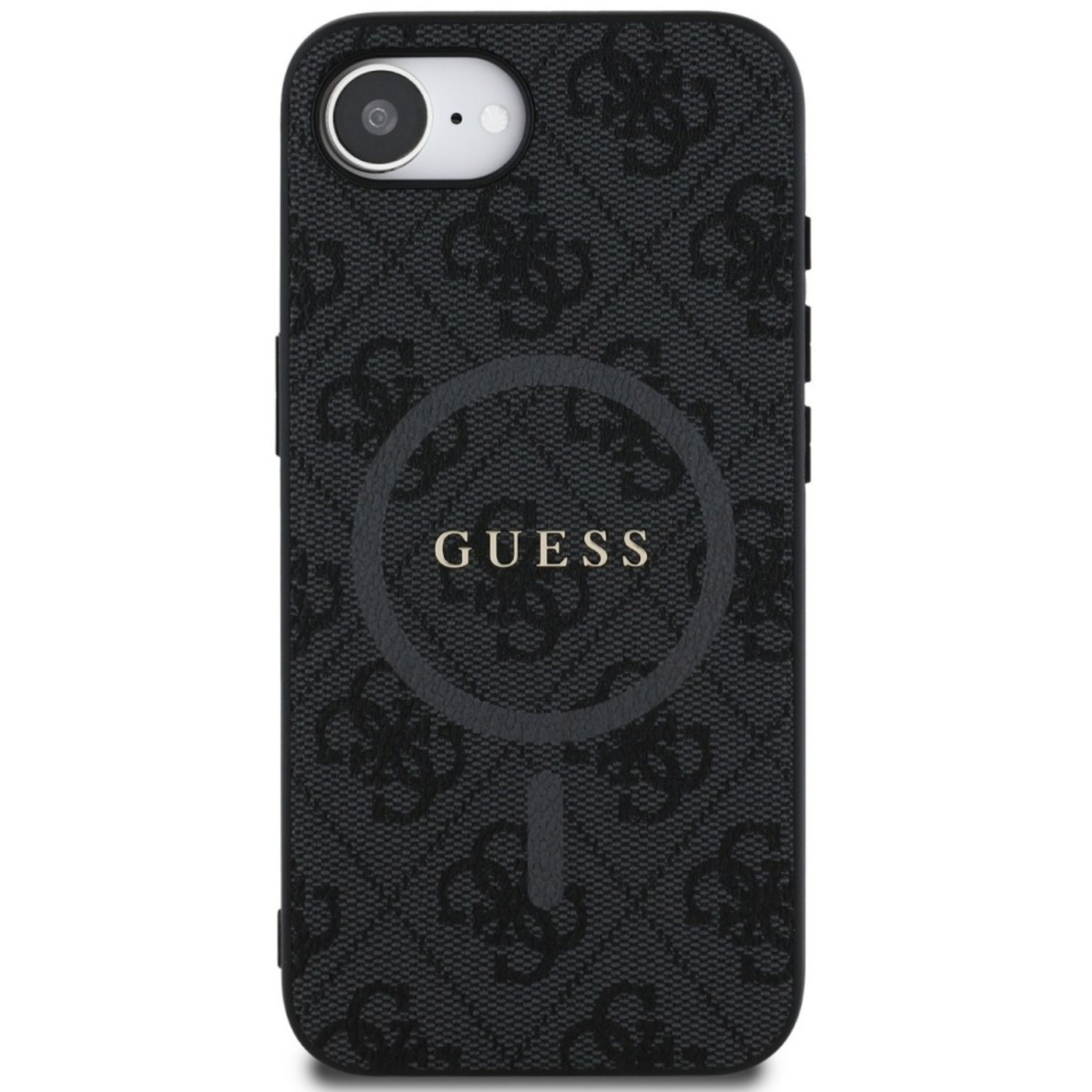 iPhone 16e black PU Leather 4G Collection Metal Logo MagSafe GUESS nugarėlė