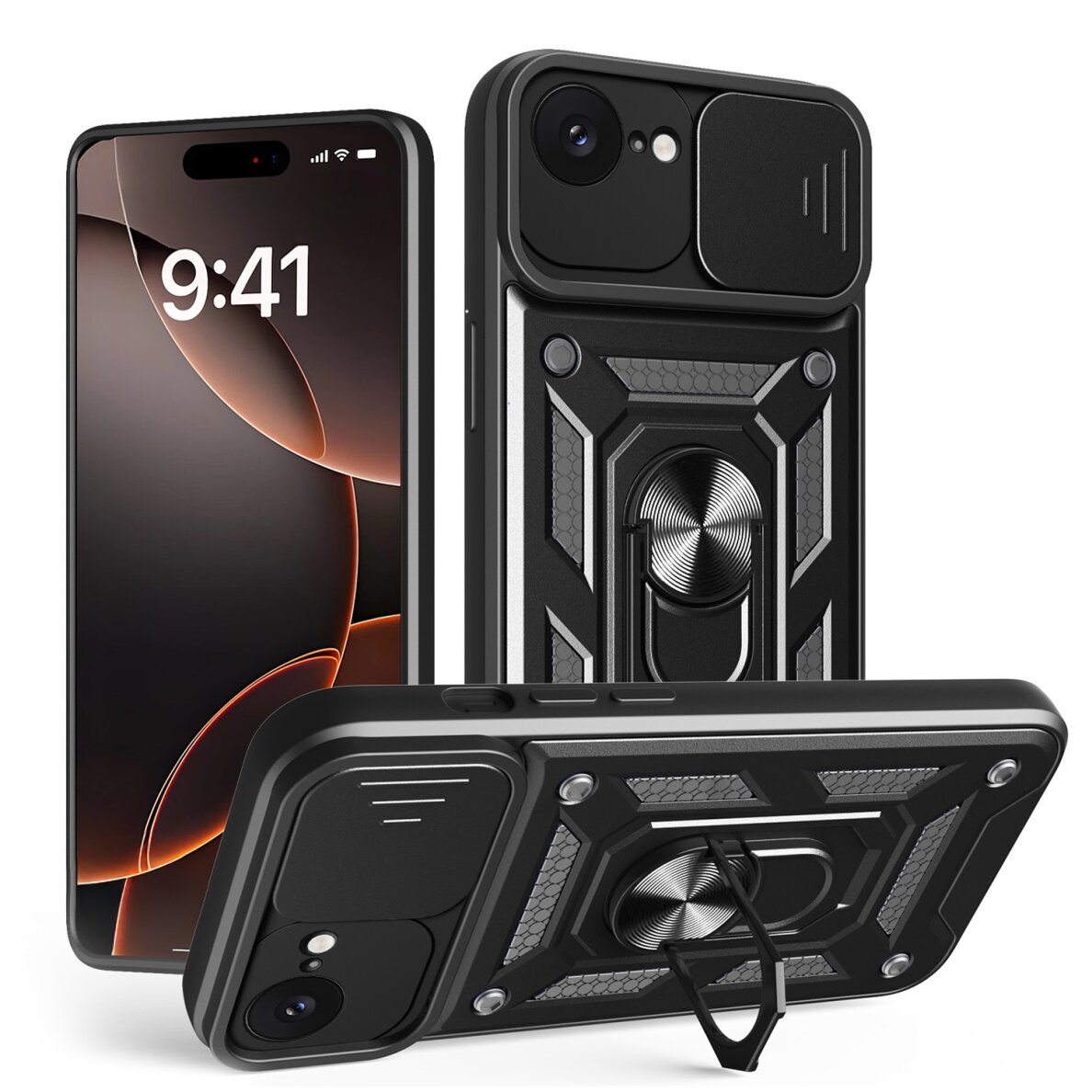 iPhone 16e black RING ARMOR WITH CAMSHIELD nugarėlė 1