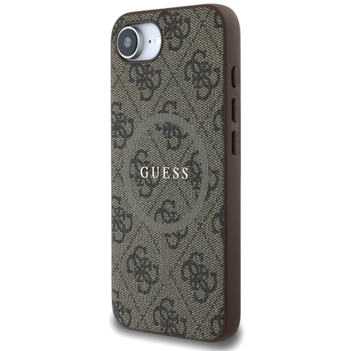 iPhone 16e brown PU Leather 4G Collection Metal Logo MagSafe GUESS nugarėlė 2