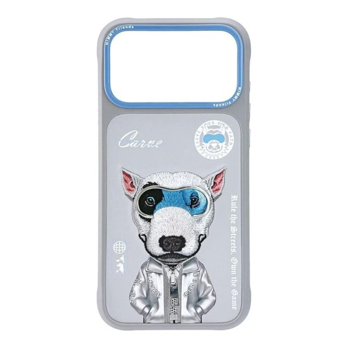 iPhone 17 PRO grey NIMMY Bull Terrier with Glasses nugarėlė iPhone 17 PRO grey NIMMY Bull Terrier with Glasses nugarėlė