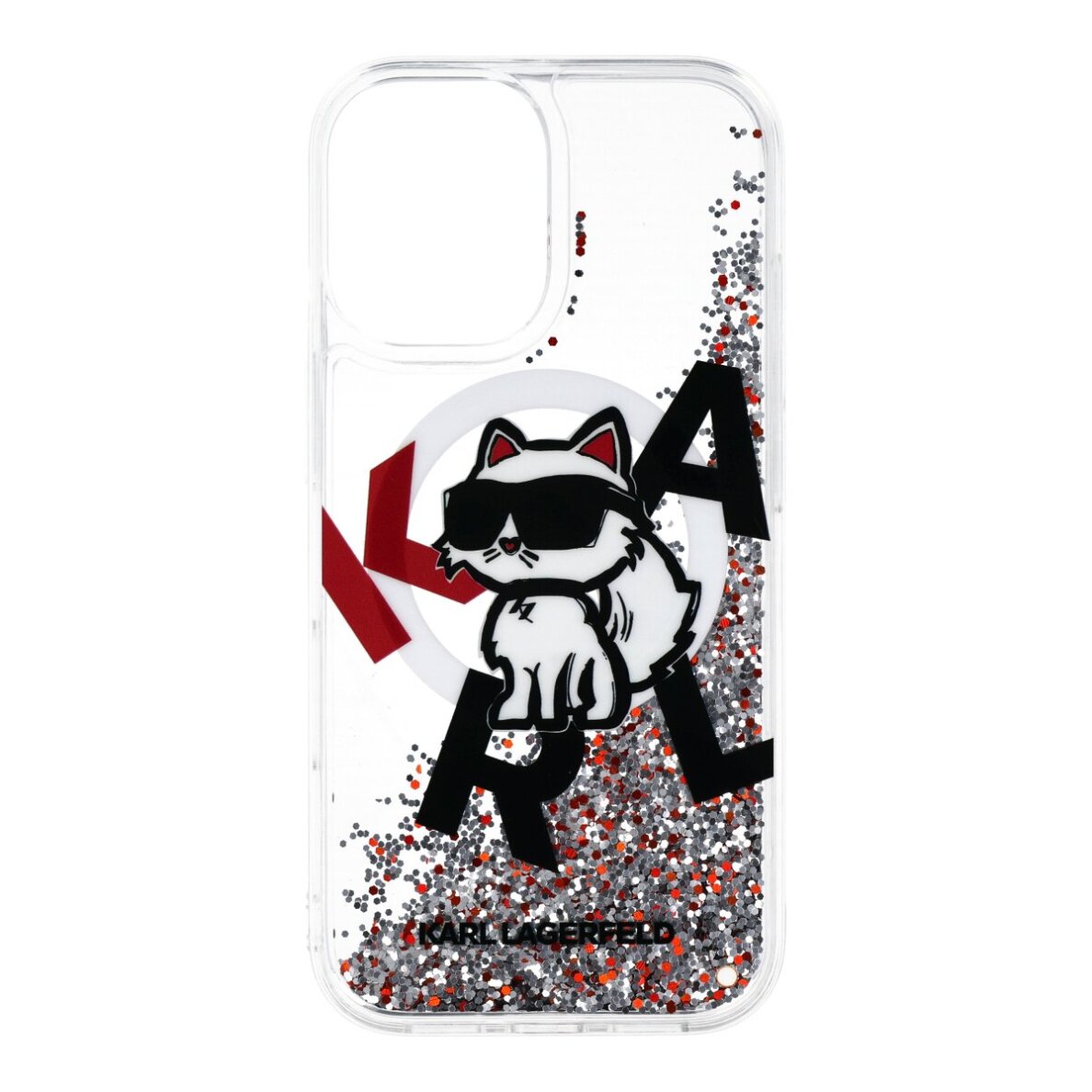 iPhone 17 transparent MagSafe Liquid Glitter Choupette KARL LAGERFELD nugarėlė