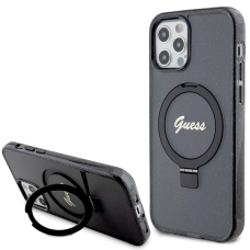 Iphone 12 / 12 PRO black Ring Stand Script Glitter MagSafe GUESS nugarėlė