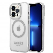 iPhone 14 PRO MAX skaidri + sidabro sp. Magsafe GUESS nugarėlė GUHMP14XHTRMS