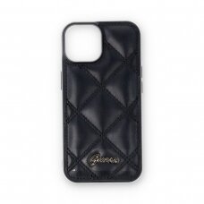 iPhone 15 / 14 / 13 black PU Quilted Metal Logo GUESS nugarėlė