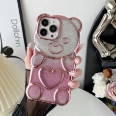 iPhone 15 PRO MAX Tracy nugarėlė Clear Glitter 3D Bear Rose Gold
