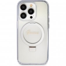 iPhone 15 PRO transparent Glitter Ring Stand Script Logo MagSafe GUESS nugarėlė