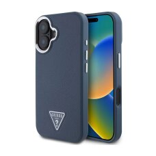 iPhone 16 blue MagSafe PU Grained Triangle Logo GUESS nugarėlė