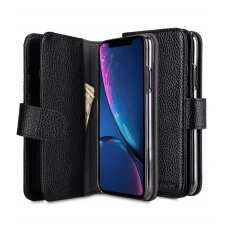 iPhone XS MAX juodas odinis MELKCO WALLET+ BOOK dėklas