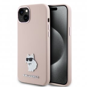 iPhone 15 / 14 / 13 pink Silicone Metal PIN KARL LAGERFELD nugarėlė
