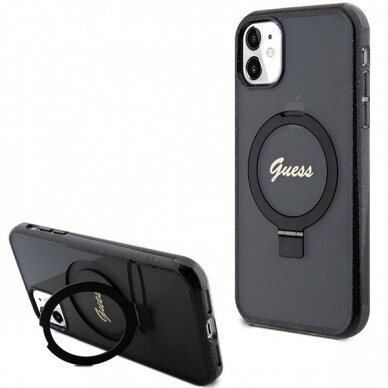 Iphone 11 black Ring Stand Script Glitter MagSafe GUESS nugarėlė