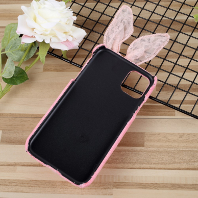 iPhone 11 Pro šviesiai rožinė nugarėlė Fluffy rabbit decor 3