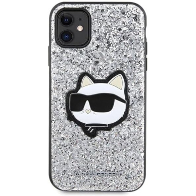 iPhone 11 silver Glitter Choupette Patch KARL LAGERFELD nugarėlė