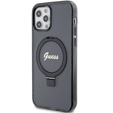 Iphone 12 / 12 PRO black Ring Stand Script Glitter MagSafe GUESS nugarėlė 1