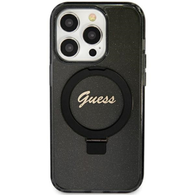 Iphone 12 / 12 PRO black Ring Stand Script Glitter MagSafe GUESS nugarėlė 2