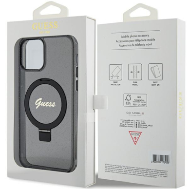 Iphone 12 / 12 PRO black Ring Stand Script Glitter MagSafe GUESS nugarėlė 7