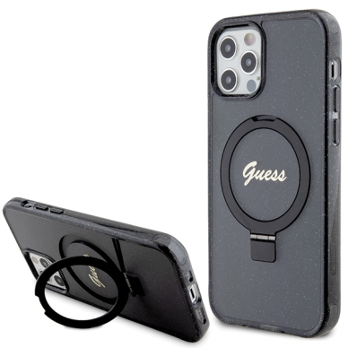 Iphone 12 / 12 PRO black Ring Stand Script Glitter MagSafe GUESS nugarėlė