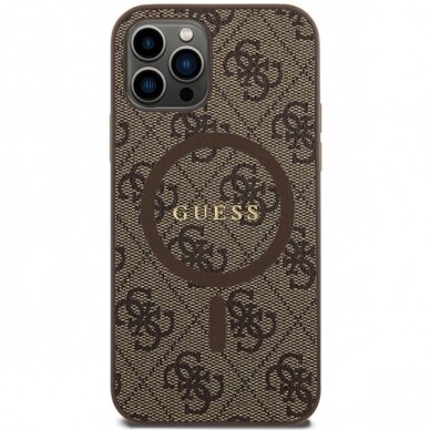 Iphone 12 / 12 PRO brown PU Leather 4G Collection Metal Logo MagSafe GUESS nugarėlė 2