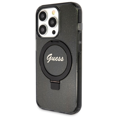 Iphone 13 PRO MAX black Ring Stand Script Glitter MagSafe GUESS nugarėlė 1