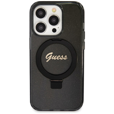 Iphone 13 PRO MAX black Ring Stand Script Glitter MagSafe GUESS nugarėlė 2