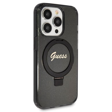 Iphone 13 PRO MAX black Ring Stand Script Glitter MagSafe GUESS nugarėlė 3
