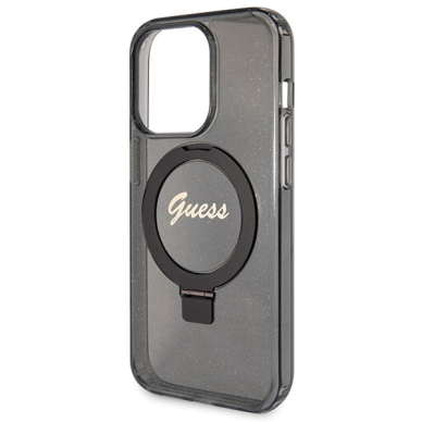 Iphone 13 PRO MAX black Ring Stand Script Glitter MagSafe GUESS nugarėlė 5