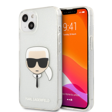 iPhone 13 sidabro spalvos glitter KARL LAGERFELD nugarėlė KLHCP13MKHTUGLS