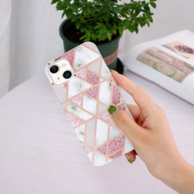 iPhone 13 tracy nugarėlė Geometric marble white/pink 1