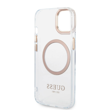 iPhone 14 PLUS skaidri + aukso spalvos Magsafe GUESS nugarėlė GUHMP14MHTRMD 1