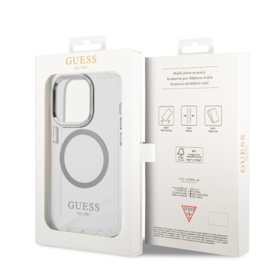 iPhone 14 PRO MAX skaidri + sidabro sp. Magsafe GUESS nugarėlė GUHMP14XHTRMS 7