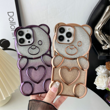 iPhone 14 PRO MAX Tracy nugarėlė Clear Glitter 3D Bear Rose Gold 3