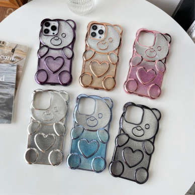 iPhone 14 PRO MAX Tracy nugarėlė Clear Glitter 3D Bear Rose Gold 4
