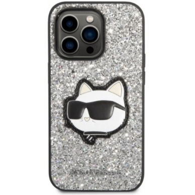 iPhone 14 PRO silver Glitter Choupette Patch KARL LAGERFELD nugarėlė