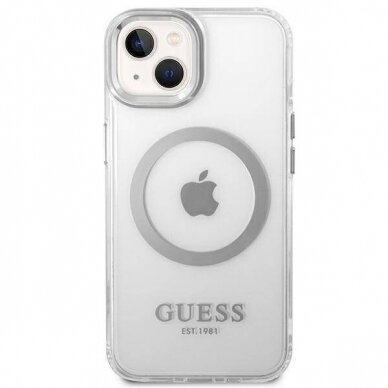 iPhone 14/13 skaidri + sidabro sp. Magsafe GUESS nugarėlė GUHMP14SHTRMS