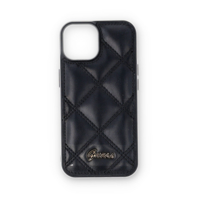 iPhone 15 / 14 / 13 black PU Quilted Metal Logo GUESS nugarėlė